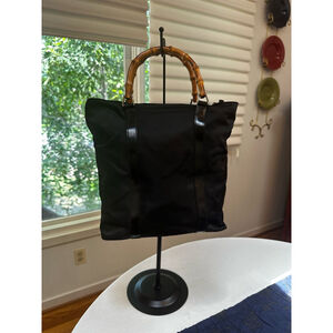 Gucci Black Nylon & Patent Leather Expandable Zip Top Bamboo Handle Tote
